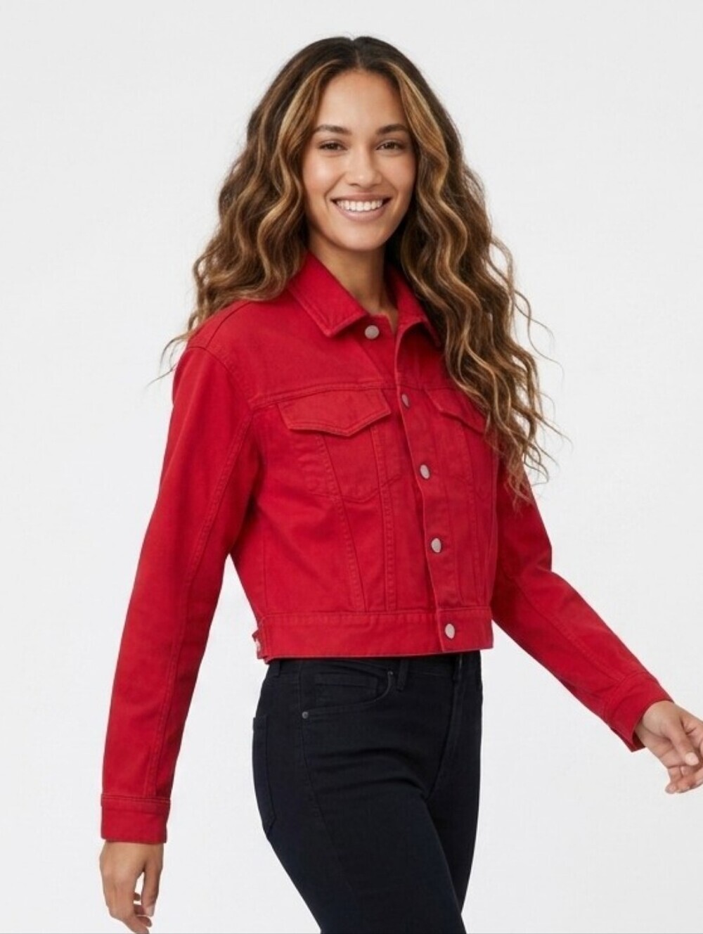 DL1961 Annie Cropped Denim Jacket Women Size XS Red Snap Chest Pockets Cotton